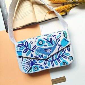 Blue Bird Beaded Shoulder Bags, Party Evening Handbag, Beaded Bag with Handle, Beaded Bag Purse Clutch, Artisan Handmade Bag, Bridal Gift