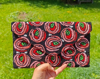 Doppelseite Perlen, Floral Perlen Clutch, Rot Schwarz Perlen Tasche, Crossbody Handtasche, Perlen Geldbörse, Geschenk für sie, Abend-Party Geldbörse Einzigartig