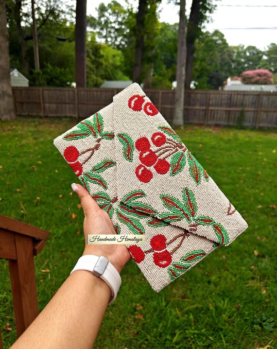 Beaded Cherry Purse, Fruit Embroidered Bag, Crossbody Bag, Beaded Handbag, Summer Bag, Party Evening Clutch, Gift for Her, Coloful Bead Bag