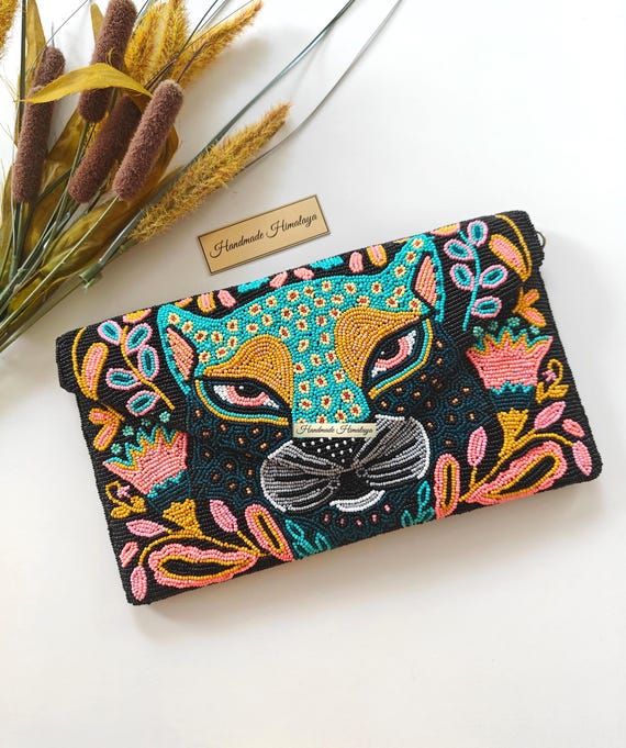 Handmade Panther Beaded Clutch Bag | Colorful Animal Statement Purse, Boho Evening Bag
