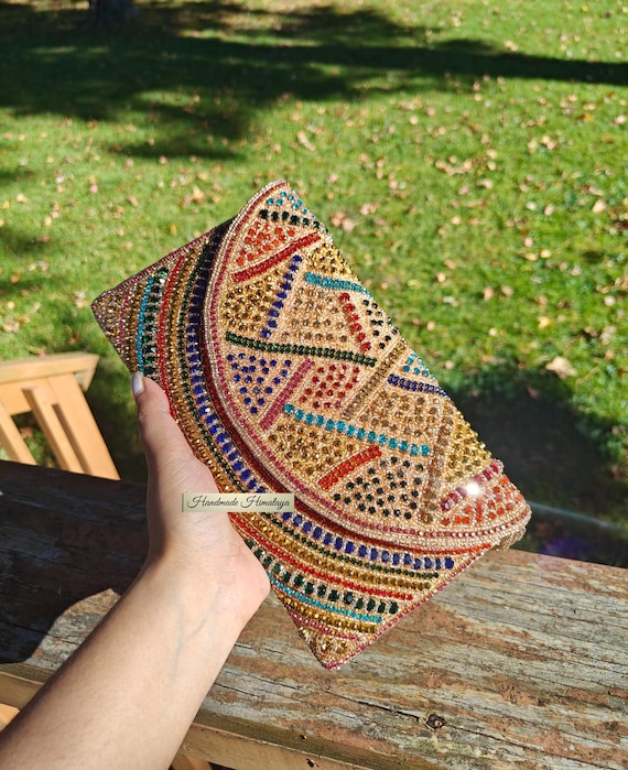 Rose Gold Purse: Beaded Colorful Rhinestone Embroidery Evening Bag