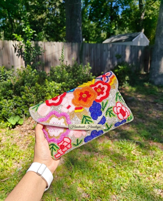 Floral Beaded Clutch, Silver Beaded Purse, Crossbody Sling Bag, Vibrant Colors Handbags Party Evening Bag