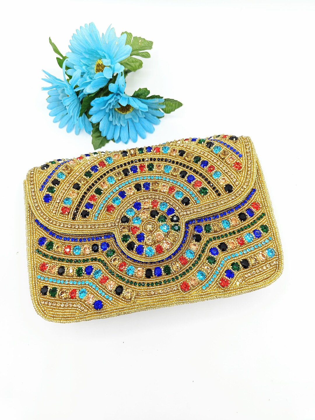 Gold Beaded Clutch, Statement Clutch, Gold Bag, Embroidered Bag