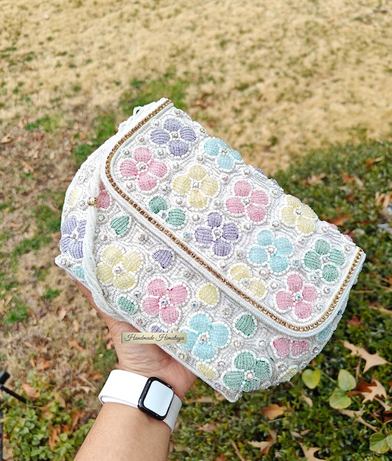 Pastel Floral Beaded Wedding Clutch, Colorful Bridal Evening Bag, 3D Flower Formal Purse