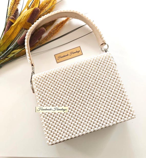 Pearl Beaded Bridal Bag | White Wedding Top Handle Purse | Bride Handbag | Ivory Evening Clutch