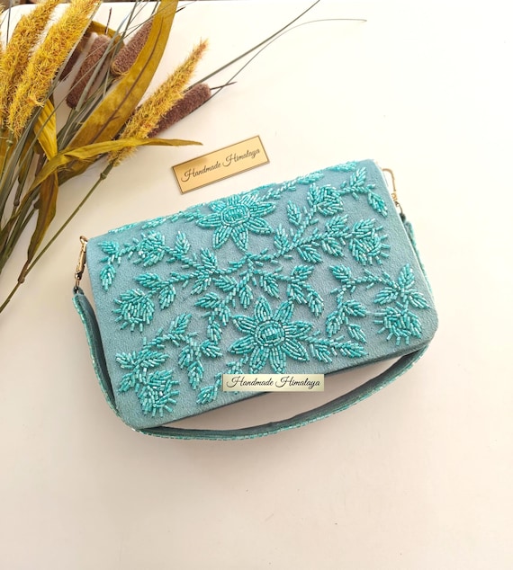 Teal Bridal Clutch | Turquoise Floral Beaded Wedding Purse