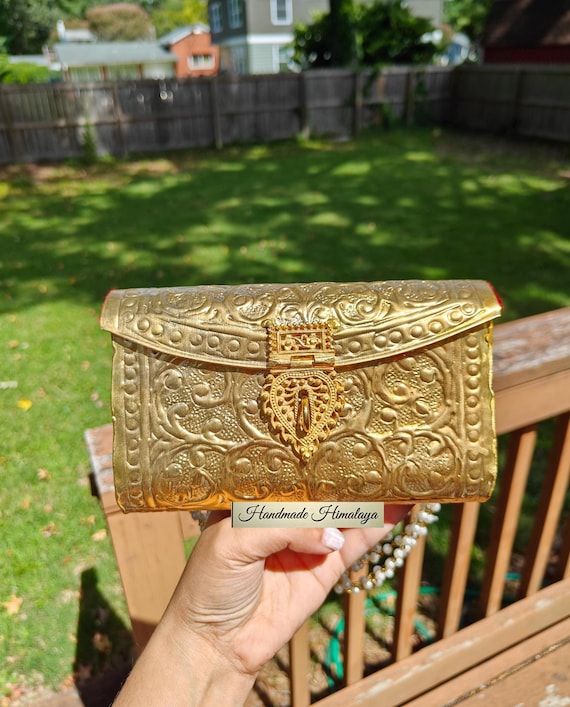 Gold Brass Clutch: Indian Metal Purse with Antique Design and Crossbody Chain with Pearl Handle