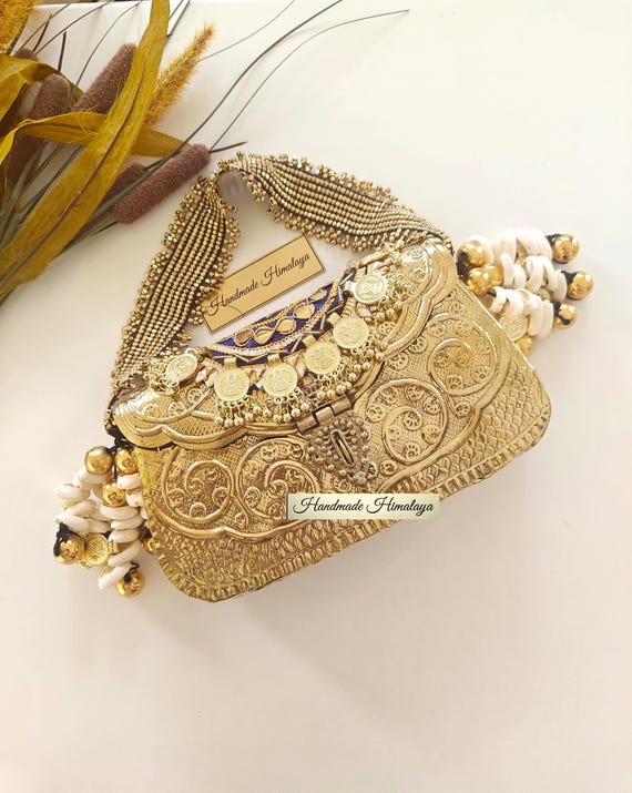 Vintage Gold Brass Clutch: Floral Engraved Banjara Wedding Metal Purse