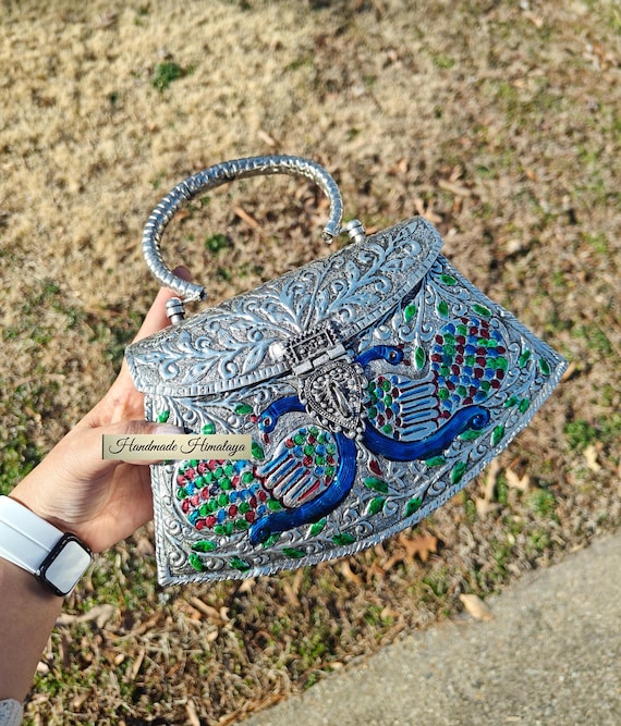 Blue Silver Metal Clutch, Hand Engraved Peacock Enamel Handbag, Vintage Indian Bag, Wedding Evening Purse