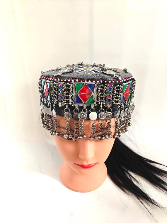 Embroidered Afghan Mathapati Cap | Halima Sultan Style Jewel Embellished Hat Gray
