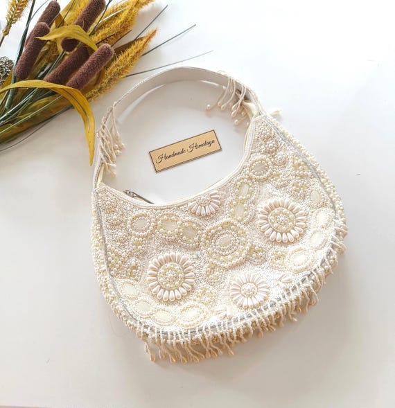 Pearl Beaded Crescent Handbag | Ivory White Floral Fringe Evening Bag | Boho Chic Bridal Design