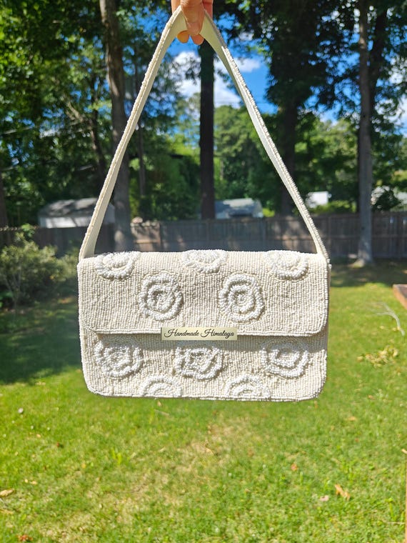 Ivory Rose Beaded Bag | Bridal Wedding Shoulder Purse
