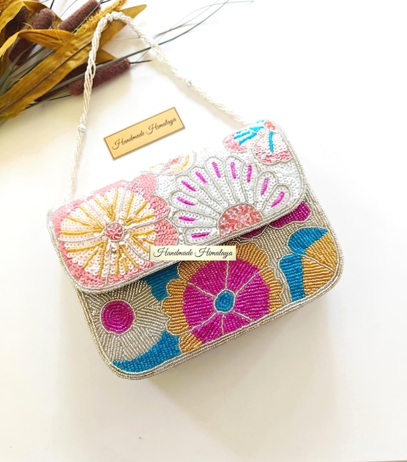 Colorful Floral Silver Beaded Clutch | Bridal Wedding Evening Purse