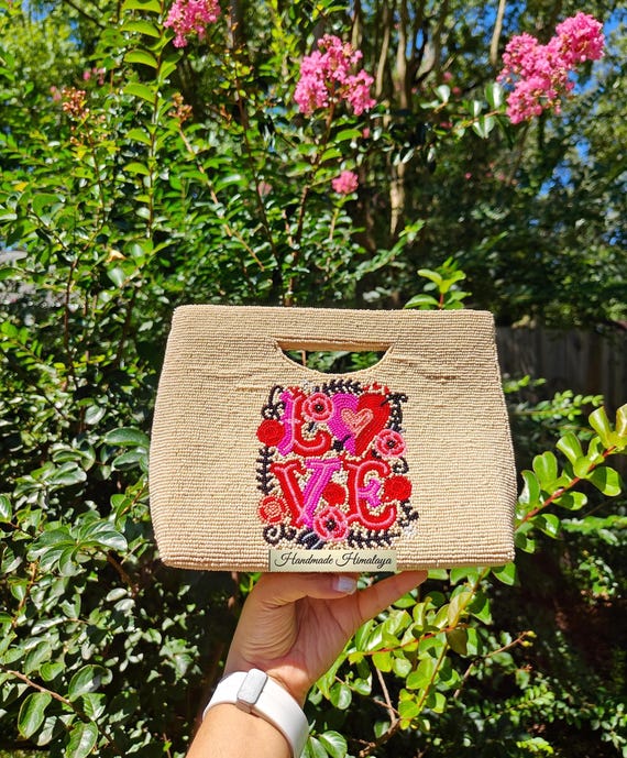 Handmade LOVE Beaded Clutch | Romantic Floral Heart Evening Bag | Ivory Embroidered Crossbody Purse