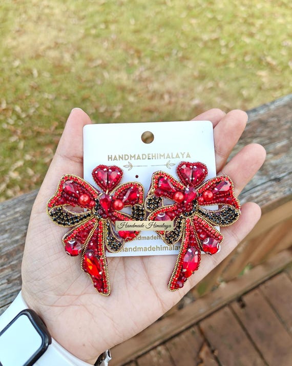 Red Bow Beaded Earrings, Holiday Statement Dangle Jewelry, Sparkly Crystal Ribbon Earrings for Christmas Parties Winter Outfits