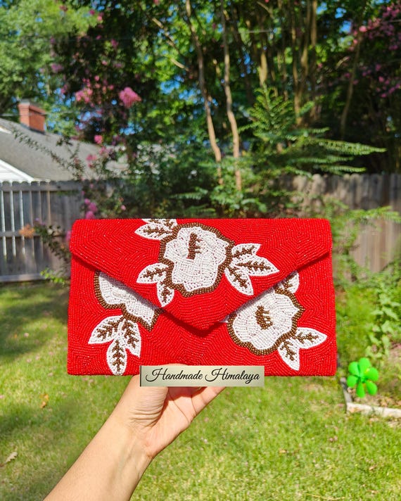 Rose Flower Clutch, White Rose Red Clutch, Seed Bead Envelope Bag, Indian Evening Clutch, Wedding Gift for Her, Crossbody Bag Wallet