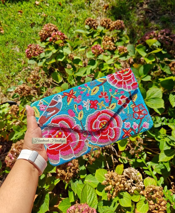Handmade Beaded Peony Clutch: Blue & Pink Floral Crossbody Bag
