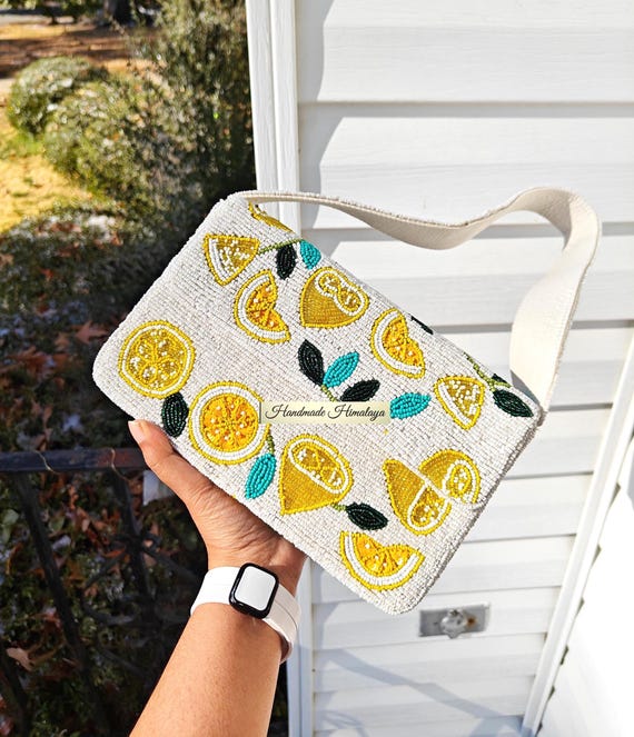 Beaded Lemon Shoulder Bag | White Citrus Fruit Purse | Tropical Resort Wedding Clutch