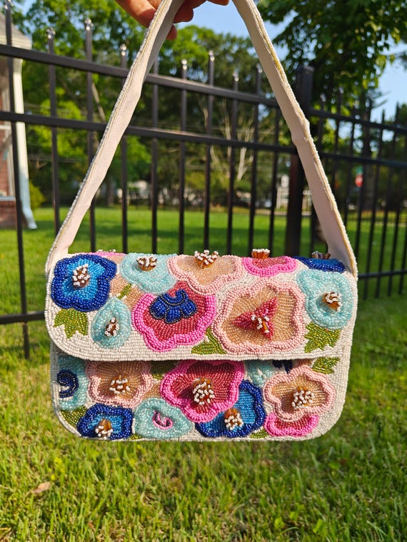 Beaded Shoulder Bag, Floral Beaded Bag, Colorful Flower Purse, Boho Seed Bead Handbag, Embroidered Spring Clutch, Gift for Her, Wedding Bag