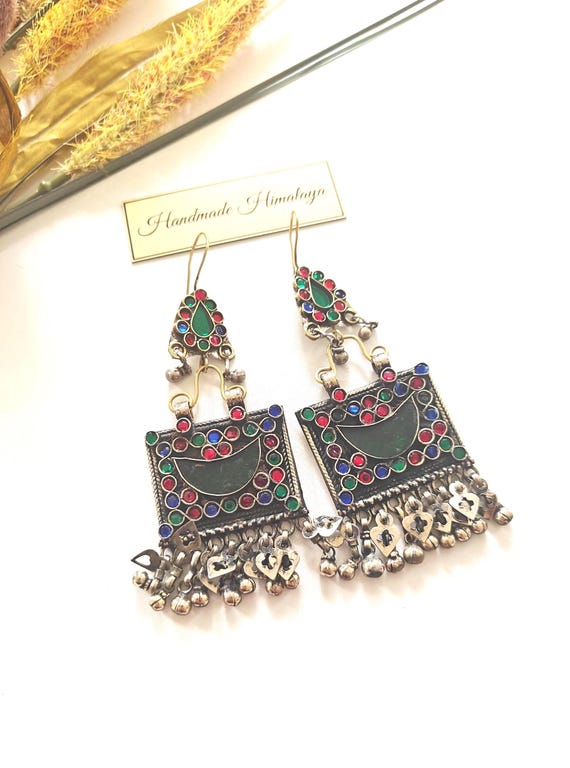 Vintage Silver Green Afghan Kuchi Earrings, Tribal Boho Bridal Statement Jewelry