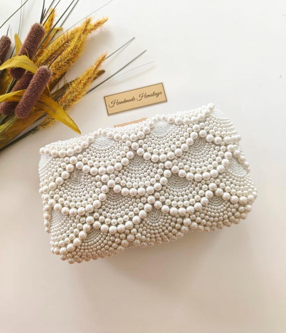 Pearl Beaded Bridal Clutch: Scalloped Crossbody Wedding Purse Bag