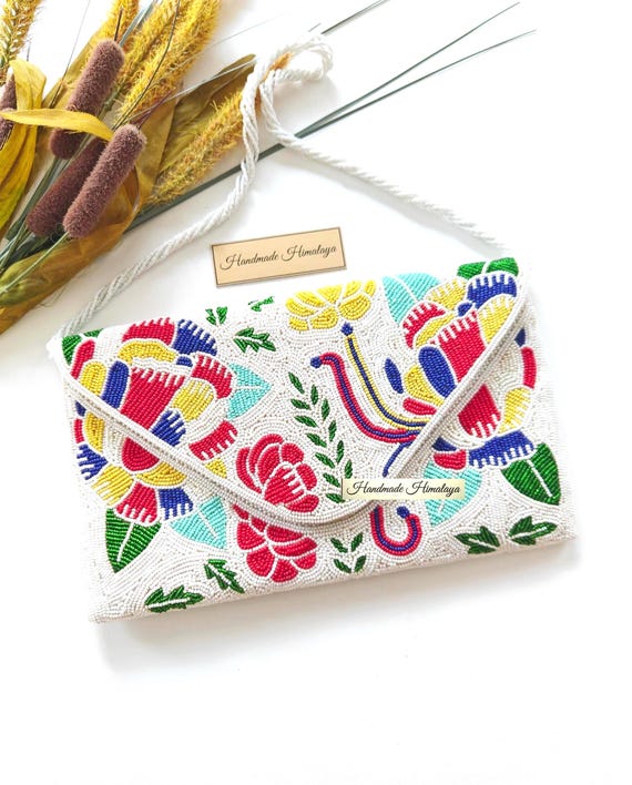 Colorful Floral Beaded Clutch Purse Handmade Crossbody Wedding Bride Bag Boho Bridal Evening Handbag