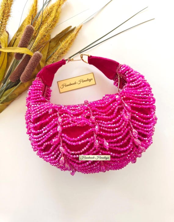 Hot Pink Crystal Purse | Magenta Beaded Velvet Evening Bag | Crescent Glam Wedding Guest Clutch