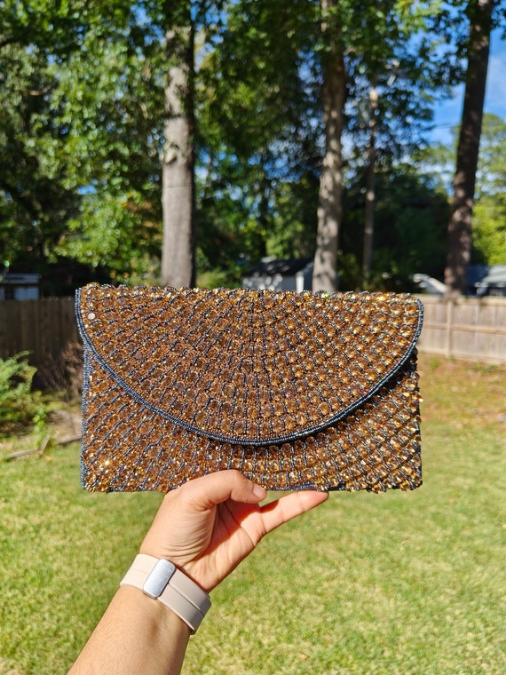Grey Clutch, Gold Crystal Beaded Purse, Envelope Crossbody Bag, Party Purse, Evening Bag, Beaded Clutch, Formal Purse