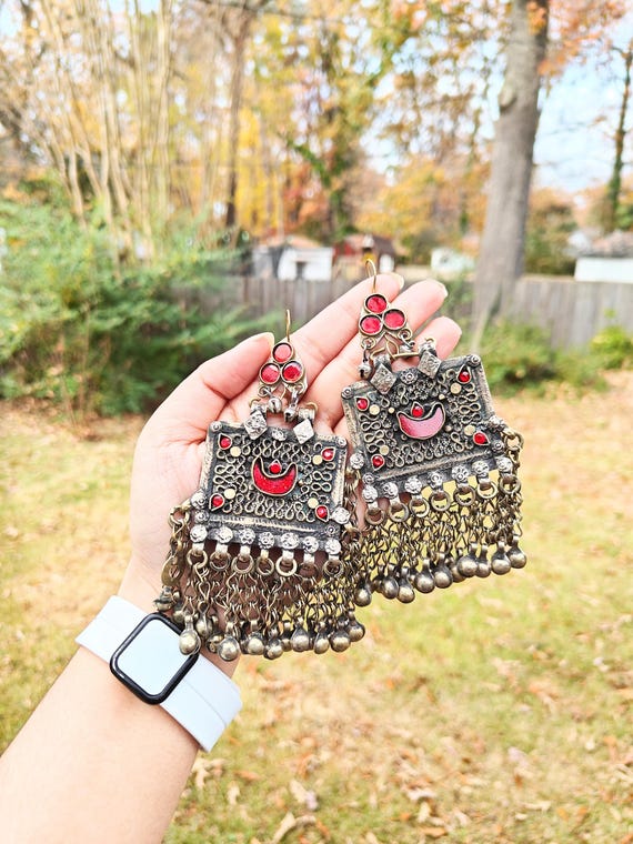 Vintage Afghan Earrings Long Oversized Silver Metal Tribal Kuchi Bell Dangle Belly Dancer Jewelry