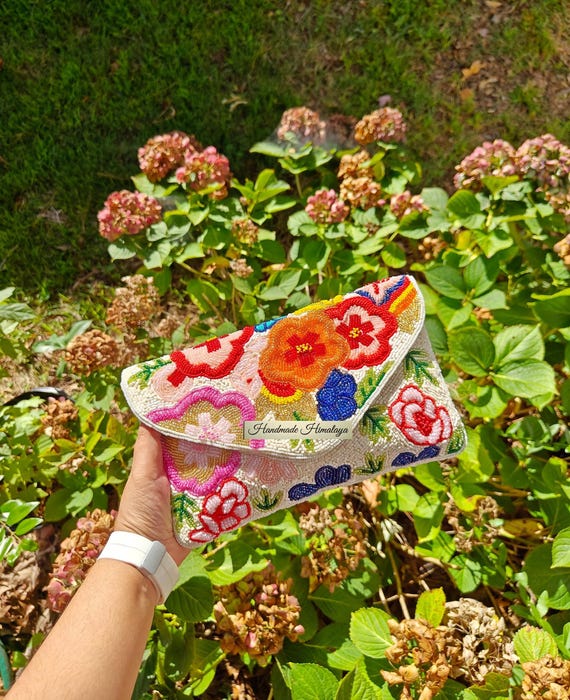 White Beaded Purse: Handmade 3D Colorful Floral Flower Evening Bag with Sling