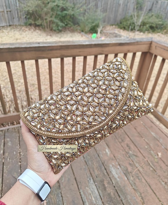 Gold Crystal Beaded Clutch Purse, Handmade Luxury Evening Bag, Bridal Wedding Envelope Clutch, Statement Party Handbag