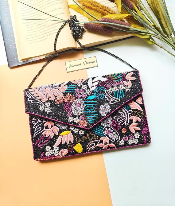 Black Beaded Clutch, Floral Purse, Colorful Beaded Bag, Summer Purse, Beaded Purse, Sequin Embroidered Purse, Crossbody Bag, Gift for Her