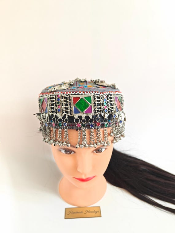 Afghan Halima Sultan Cap Red Traditional Belly Dancer Hat with Metal Fringes Colorful