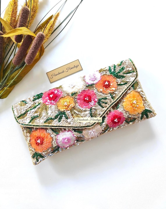 3D Floral Beaded Envelope Clutch | Gold Sequin Flower Evening Bag | Vintage Style Bridal Crossbody Handbag