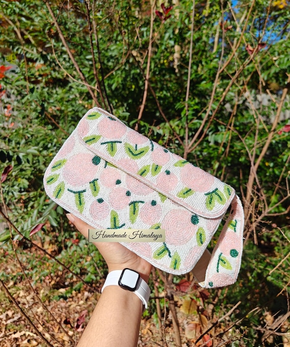 Pink Oranges Beaded Bag, Tropical Citrus Fruit Shoulder Bag Handbag Purse, Wedding Clutch