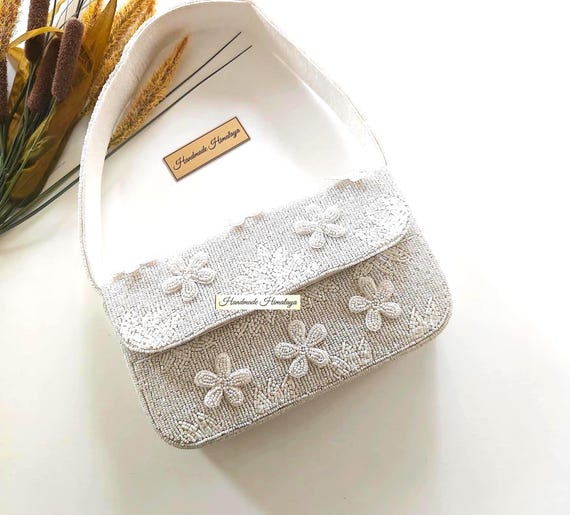White Bridal Purse | Floral Beaded Wedding Handbag
