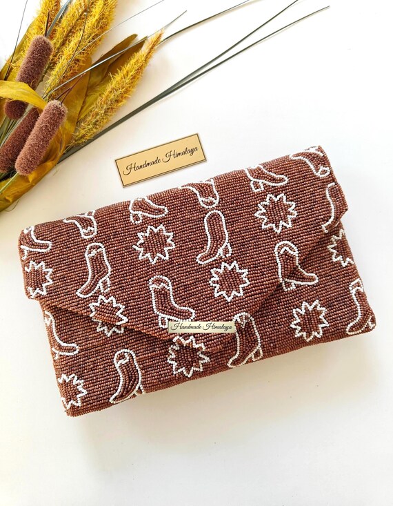Cowboy Boot Brown Beaded Bag | Western Paisley Cowgirl Purse |  Country Concert  Evening Clutch