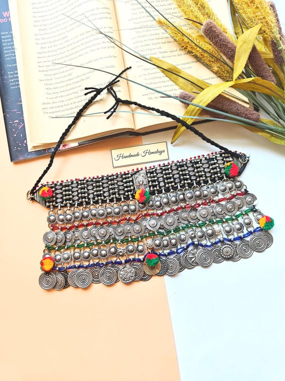 Vintage Afghan Kuchi Coin Necklace | Colorful Pom Pom Tribal Choker | Gypsy Belly Dancer Jewelry
