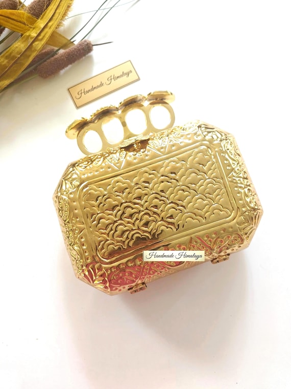 Gold Brass Knuckle Clutch Purse | Indian Bridal Wedding Metal Evening Bag