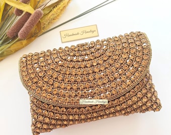 Antique Gold Crystal Clutch | Bronze Wedding Evening Bag