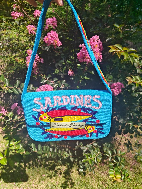 Sardines Beaded Bag, Beaded Shoulder Bag, Beach Wedding, Bridal Bag, Seed Bead Bag, Beaded Purse, Top Handle Bag, Fish Purse, Gift for Her