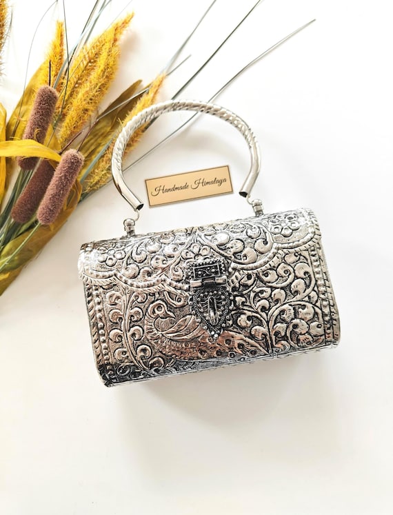 Engraved Silver Clutch Bag |  Floral Embossed Brass Box Purse |  Bridal Party Metal Handbag