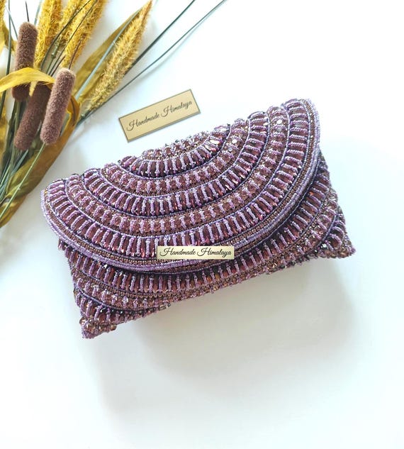 Lilac Purple Clutch | Rhinestone Embellished Party Beaded Evening Bag