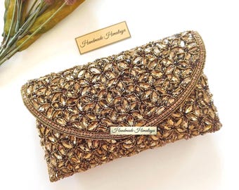 Antique Gold Clutch | Crystal Embroidered Formal Evening Wedding Purse