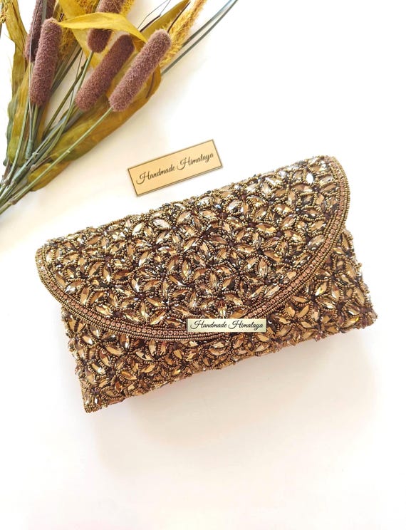 Antique Gold Clutch | Crystal Embroidered Formal Evening Wedding Purse