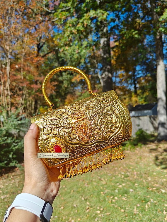 Floral Engraved Brass Clutch: Boho Metal Handbag, Wedding Party Purse