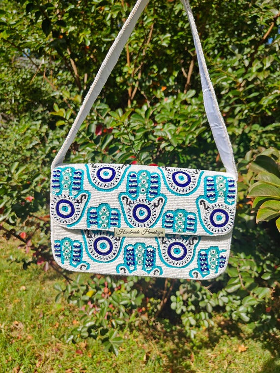Beaded Hamsa Hand Evil Eye Protection Shoulder Bag: White-Blue Turquoise  Purse for Women
