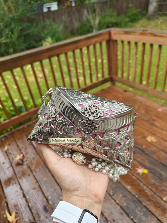 Embossed Brass Clutch: Silver Metal Indian Purse, Silver Wedding Bag