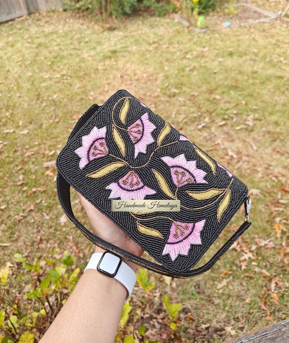 Black Beaded Bag, Wedding Bridal Pink Cherry Flower Purse, Party Evening Handbag