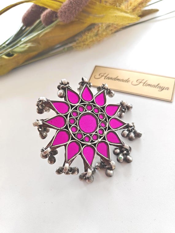 Pink Afghan Mirror Ring | Tribal Ethnic Jewelry | Indian Glass Big Brass Ring